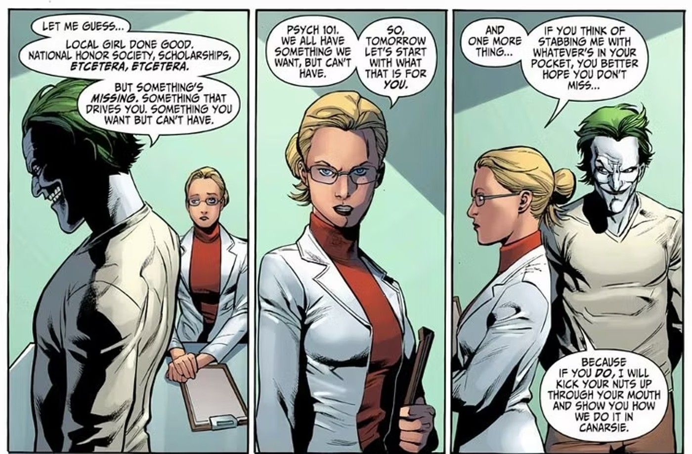 Comic book panels: Harley Quinn talks to the Joker as his doctor.