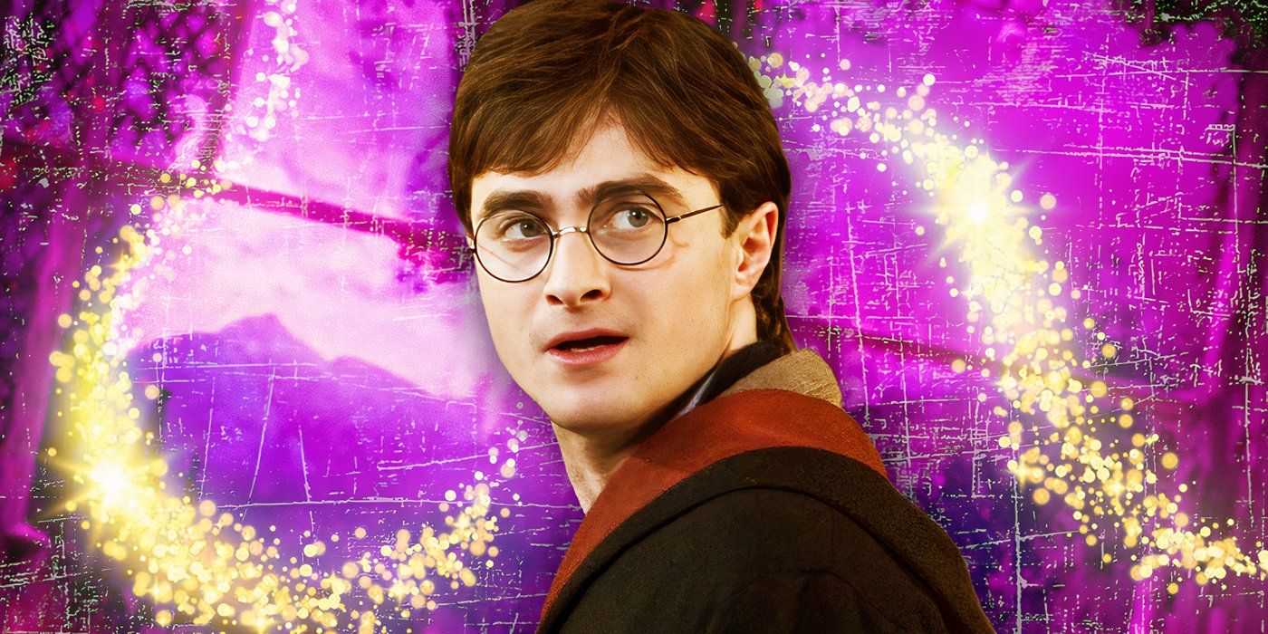 Daniel Radcliffe as Harry Potter with a purple background with sparkles.