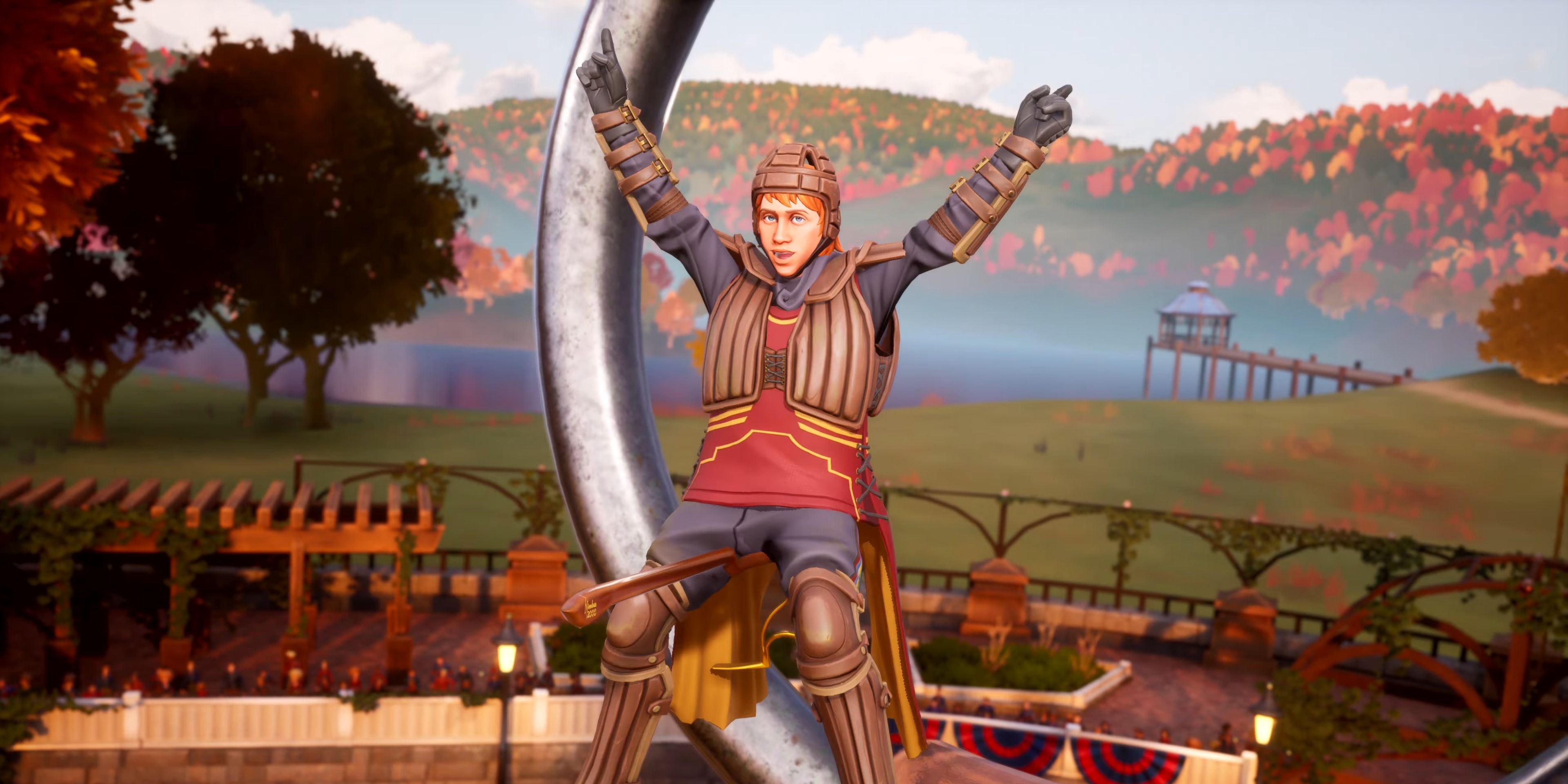 Ron Weasley celebrates in front of one of the goal posts in Harry Potter: Quidditch Champions.