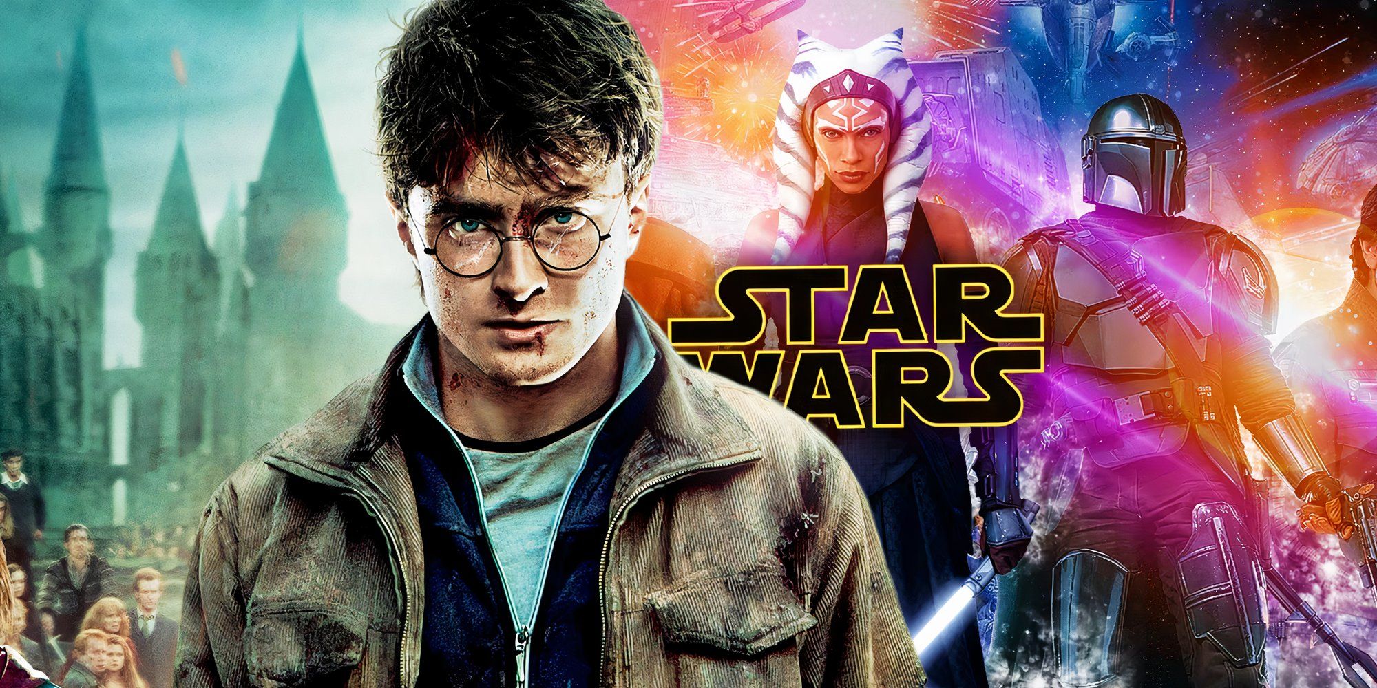 Daniel Radcliffe as Harry Potter in Deathly Hallows Part 2 (2011) next to a compilation of Star Wars TV shows