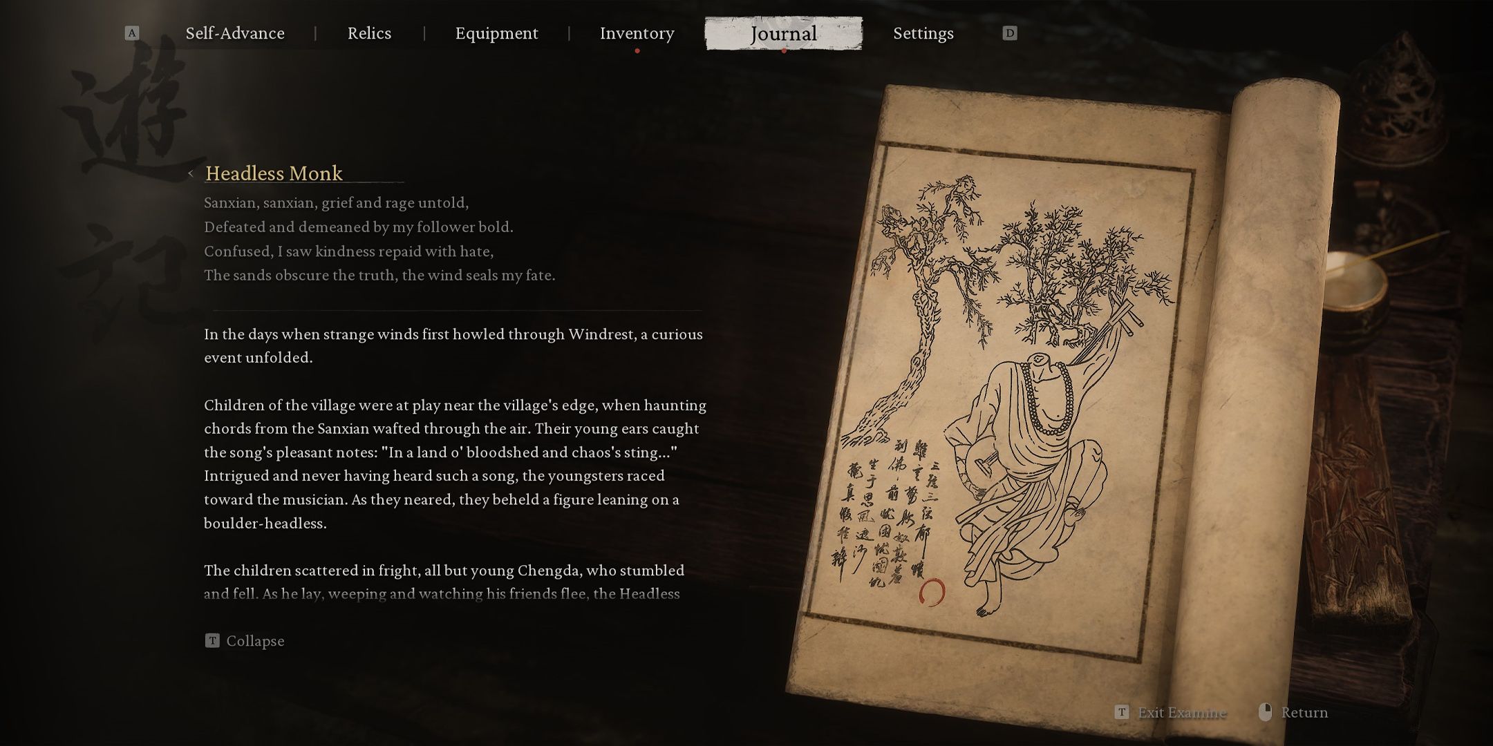 Headless Monk Journal entry recounting a story in Black Myth Wukong.