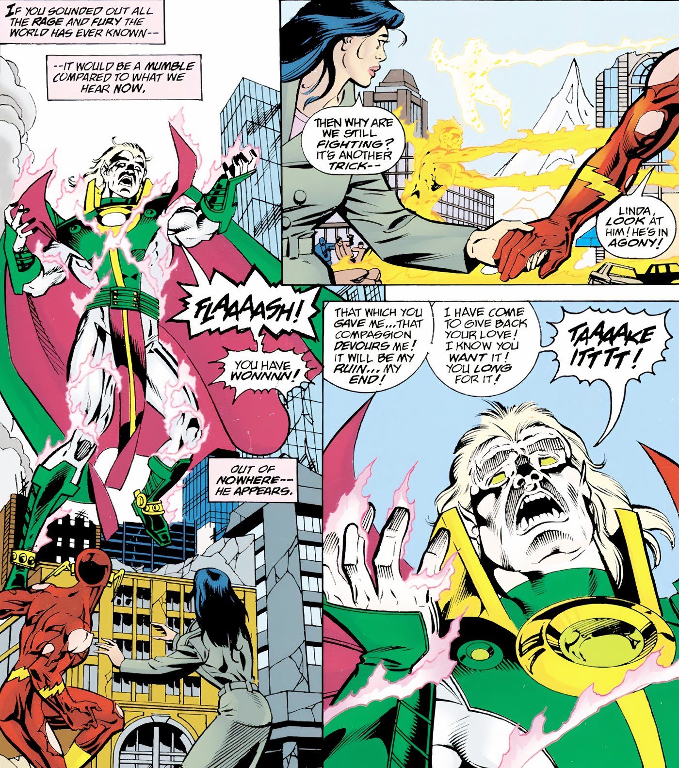 Comic panels from The Flash #129 in which Neron begs Flash to take back his love because she is too powerful for him