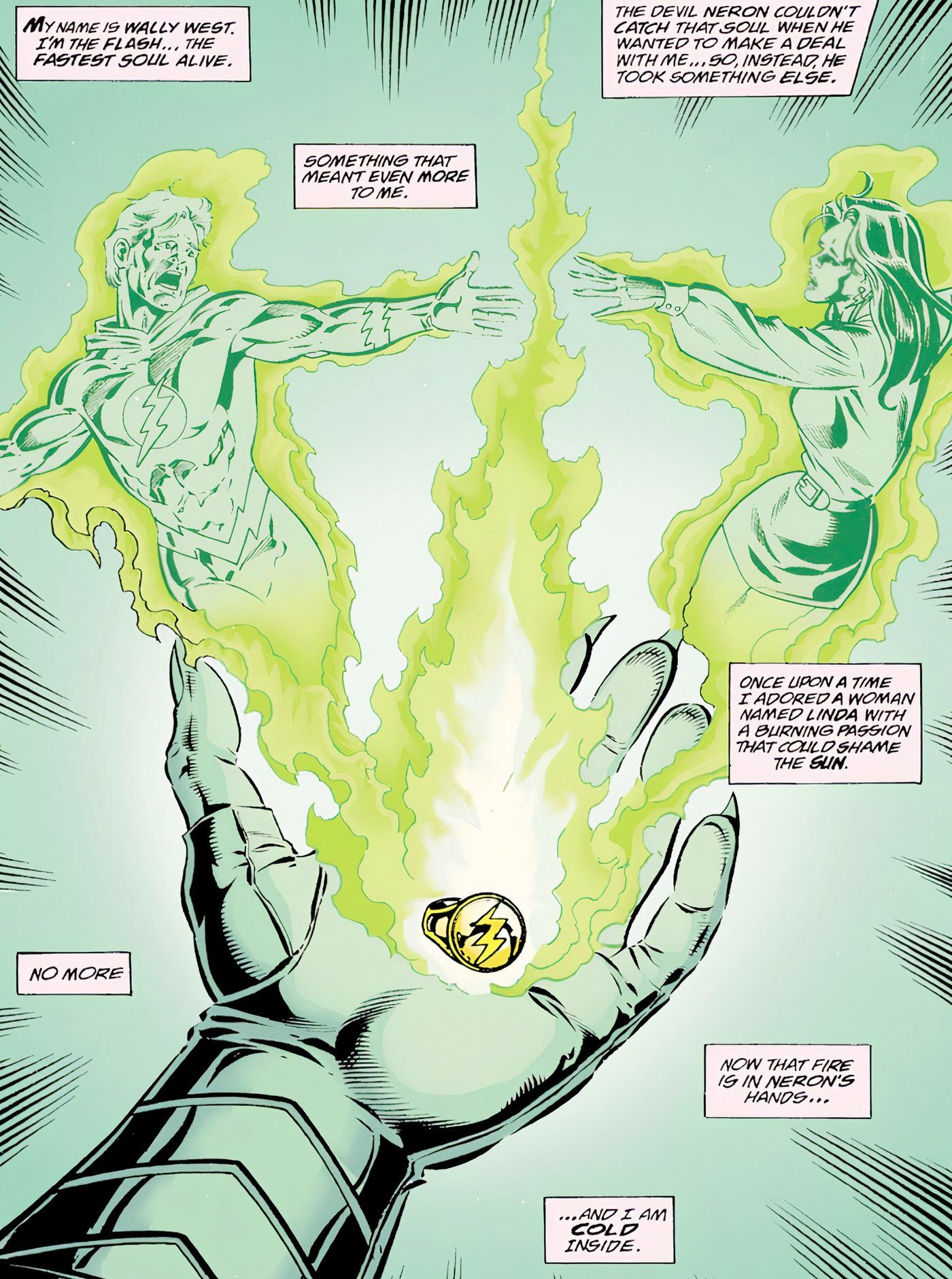 A comic panel from The Flash #129, in which Neron's hand with Wally's Flash ring summons the spirits of Wally and Linda, who reach out to each other. Wally recounts how he sold his love for Linda to Neron.