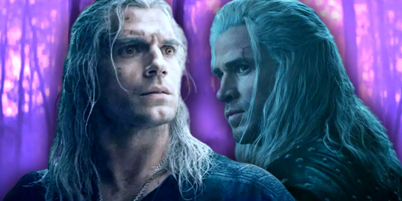 Henry Cavill and Liam Hemsworth as Geralt in The Witcher in Front of a Purple Woods Background