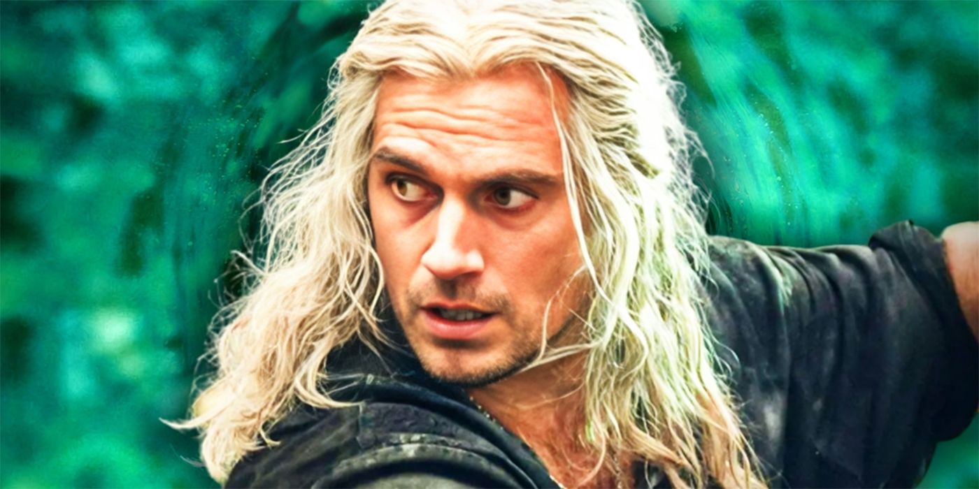 Henry Cavill como Geralt em The Witcher em frente a um fundo azul-petróleo