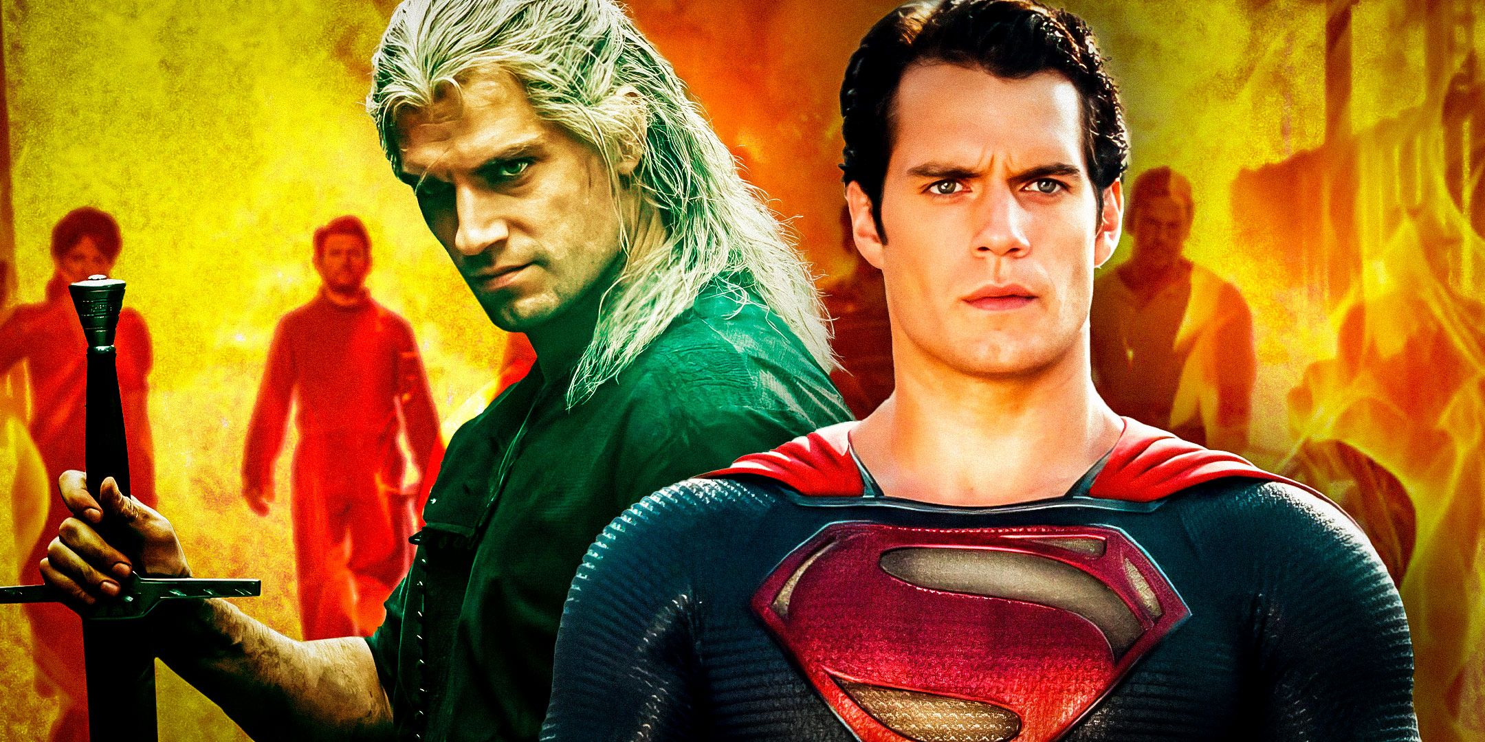 Henry Cavill as Geralt in The Witcher and as Superman in the DCEU in front of a fiery background