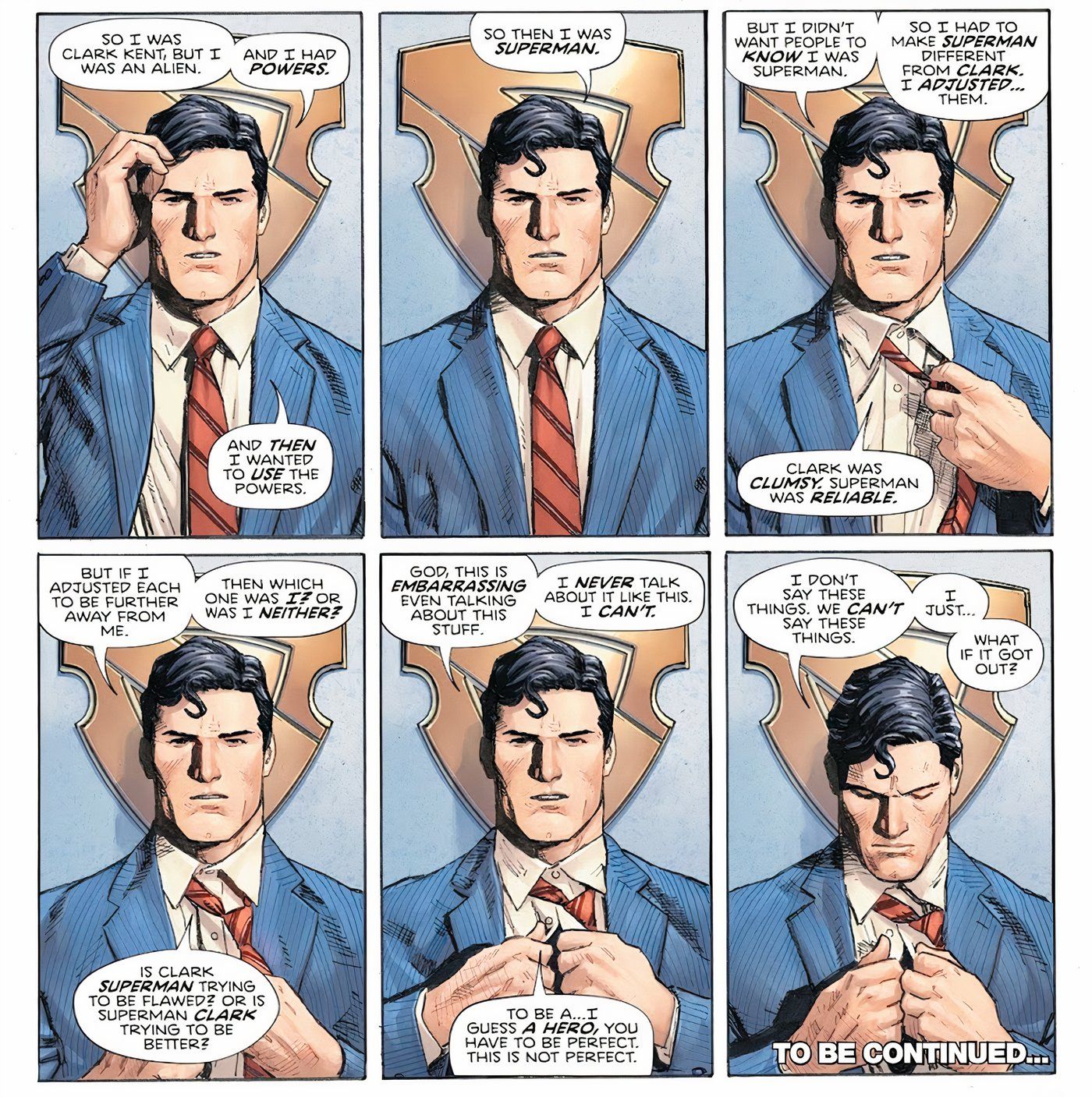 Painéis de Heroes in Crisis #2, onde Clark Kent discute sua luta pela identidade, afirmando que não tem certeza se é realmente Clark ou Superman por dentro.