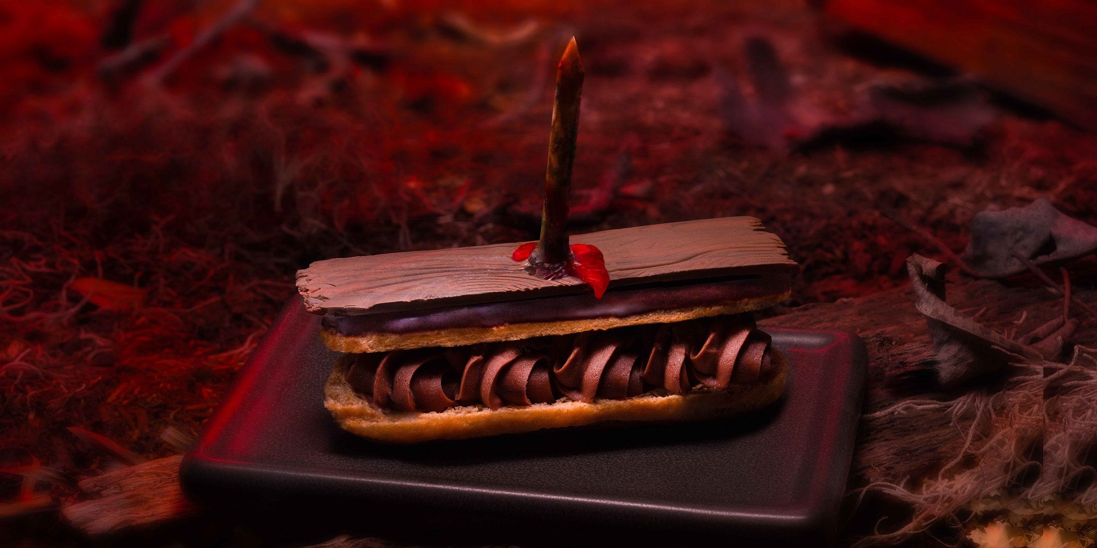 HHN 2024 comida AQP placa de madeira Eclair