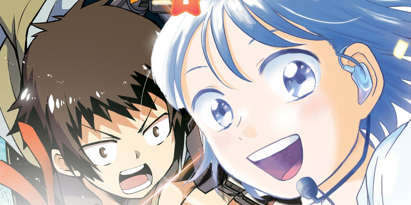 Mecha-Ude character yelling and looking serious while the main heroine from Hikaru in the Light looks happy singing.
