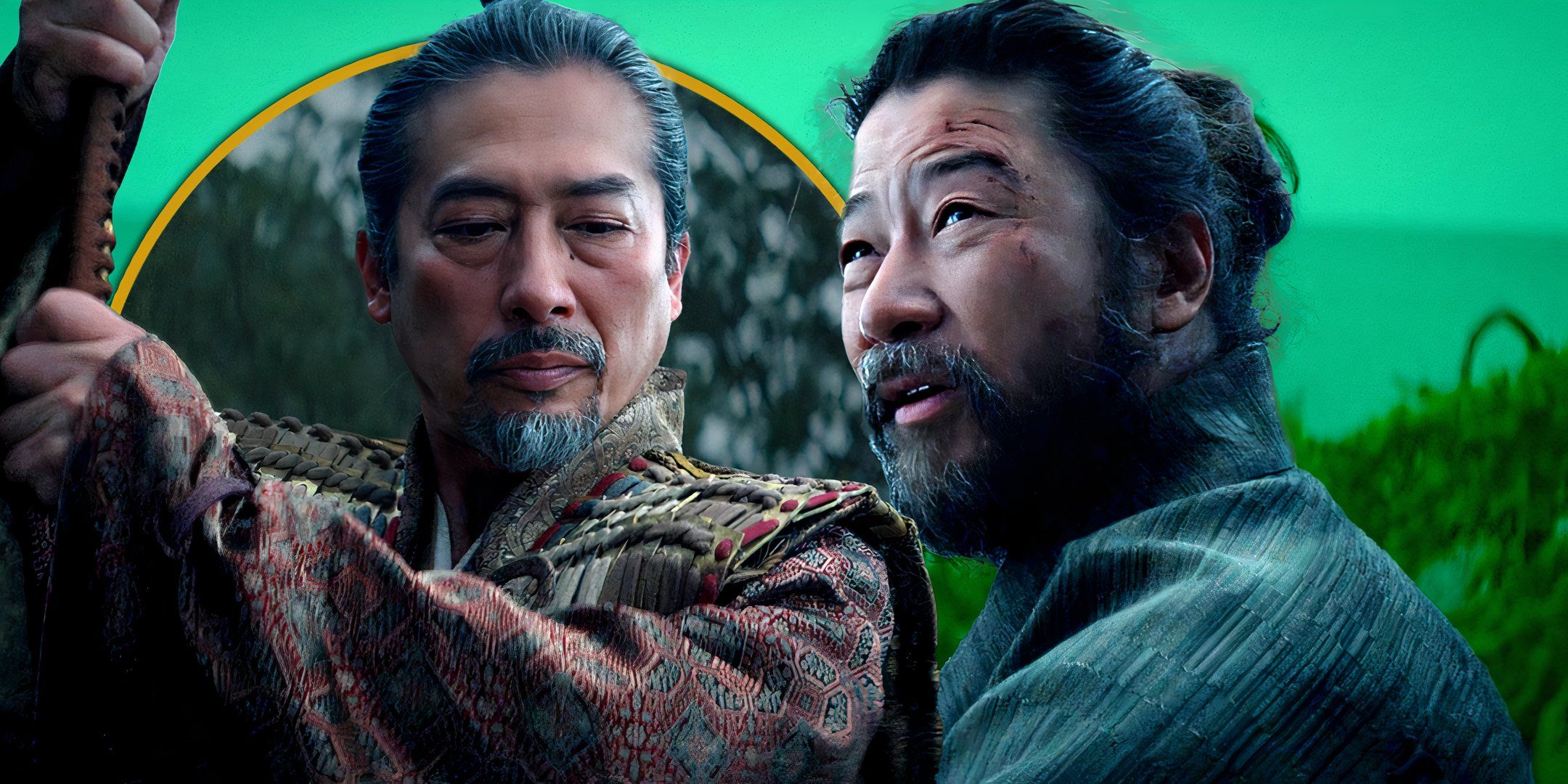 Hiroyuki Sanada as Toranaga raising his sword and Tadanobu Asano as Yabushige looking up at him in Shogun episode 10. Exclusive Header