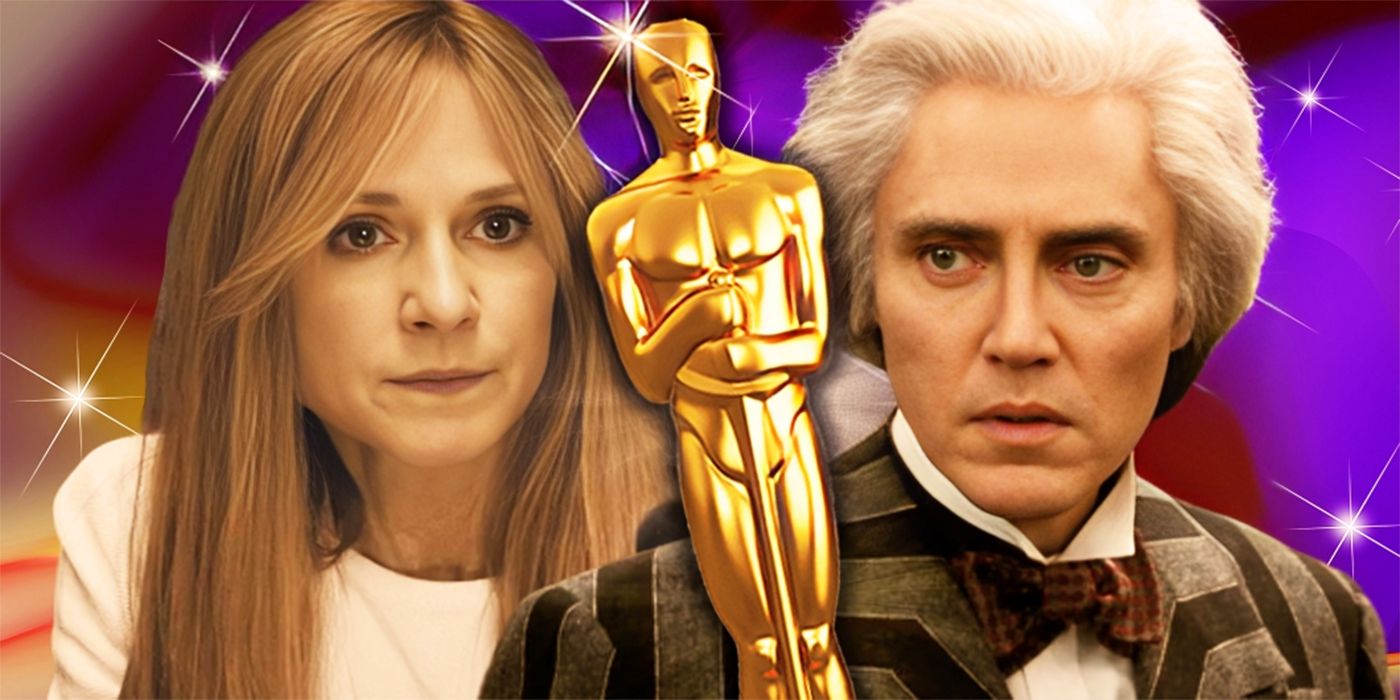 Holly Hunter and Christopher Walken Collage in Front of an Oscar Statue