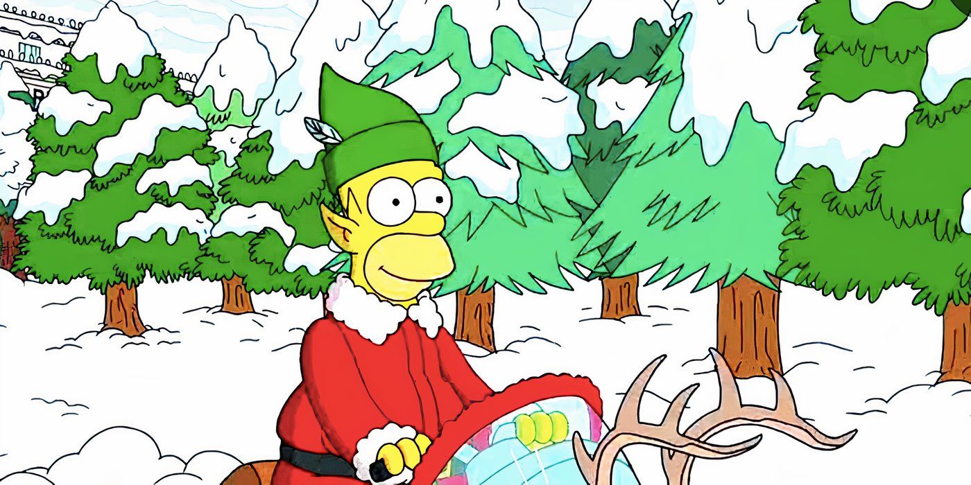 Homer dressed as an elf driving a snowplow in Springfield, from the Simpsons Christmas special