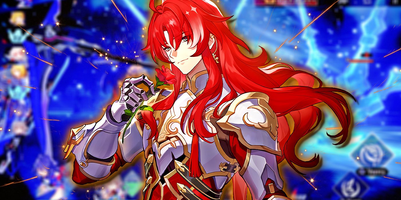 Argenti smells a rose, with combat in Honkai: Star Rail blurred in the background.