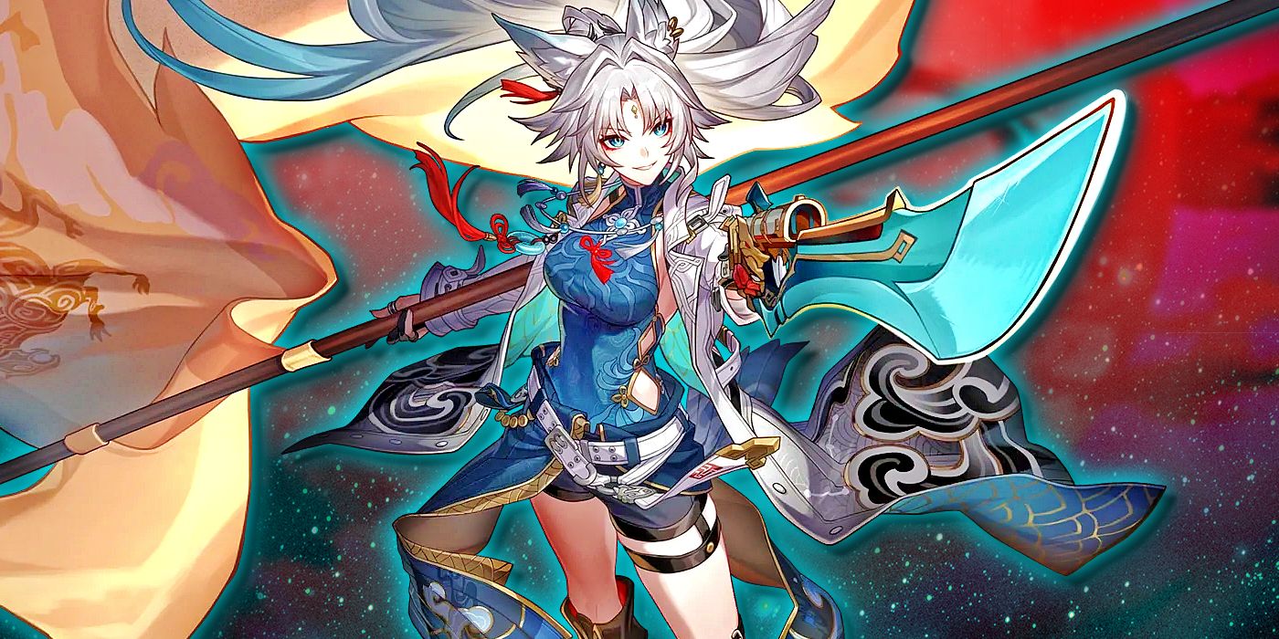 Feixiao di Honkai Star Rail punta il suo gunblade verso l'alto mentre sorride.