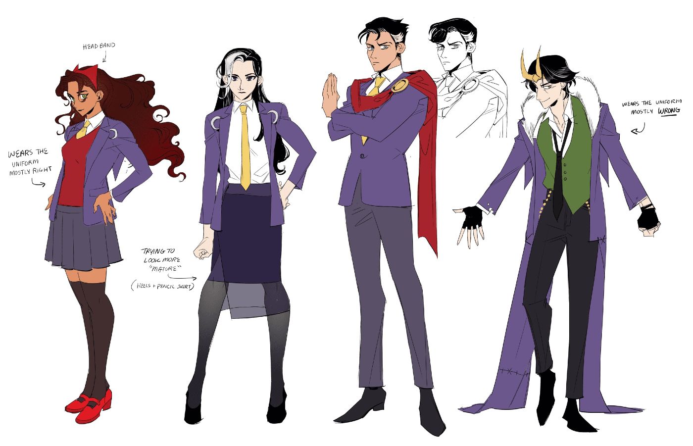 Designs de personagens da Casa de Harkness para Feiticeira Escarlate, Agatha Harkness, Doutor Estranho e Loki