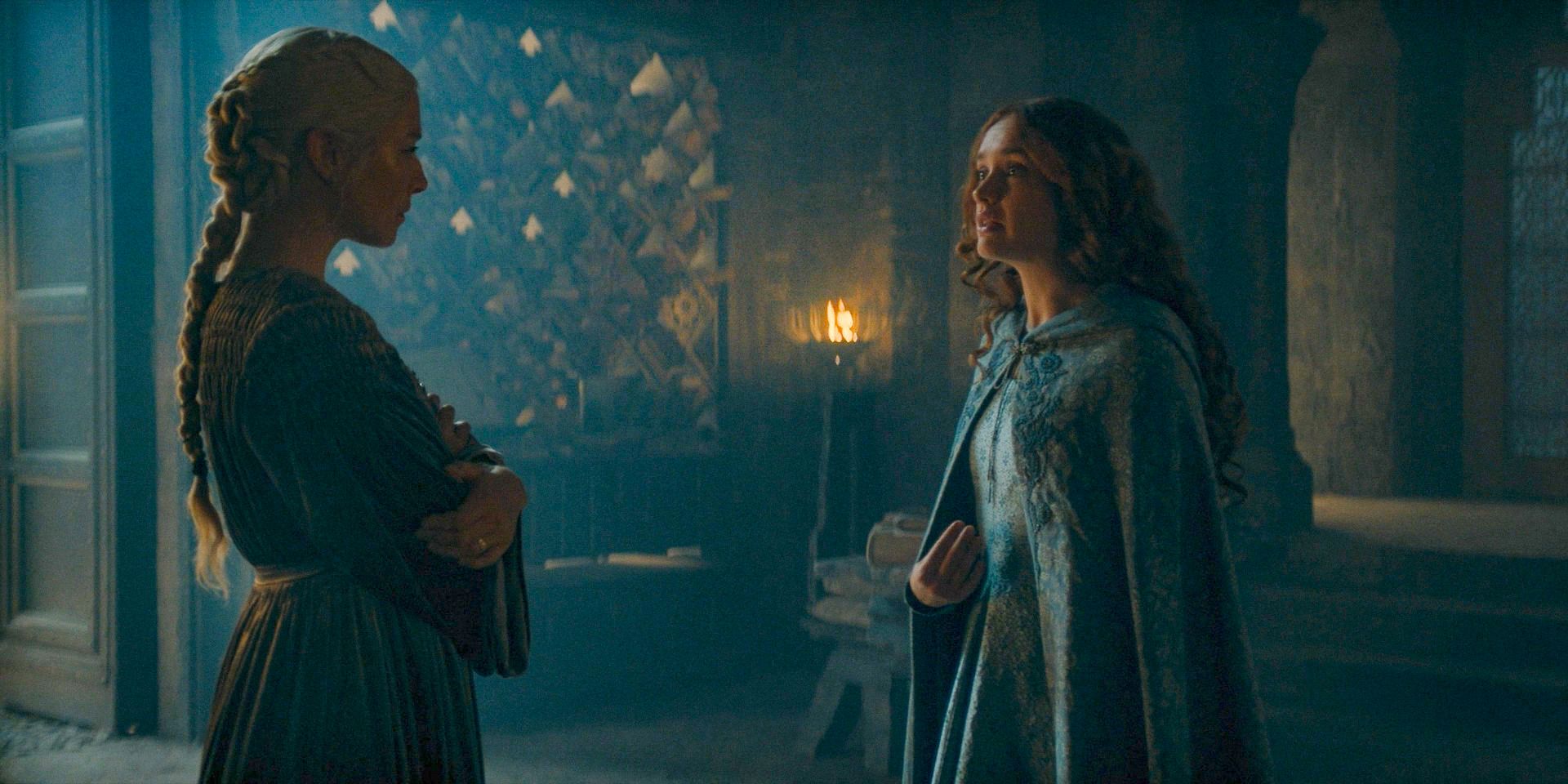 At Dragonstone, Alicent (Olivia Cooke) secretly meets with Rhaenyra (Emma D'Arcy) in House of the Dragon season 2 Episode 8