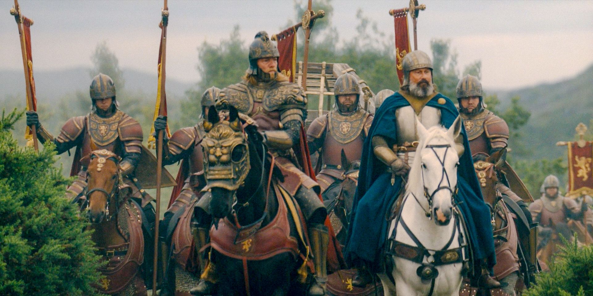 Jason Lannister (Jefferson Hall) leading an army on the march to war in House of the Dragon season 2 Episode 8