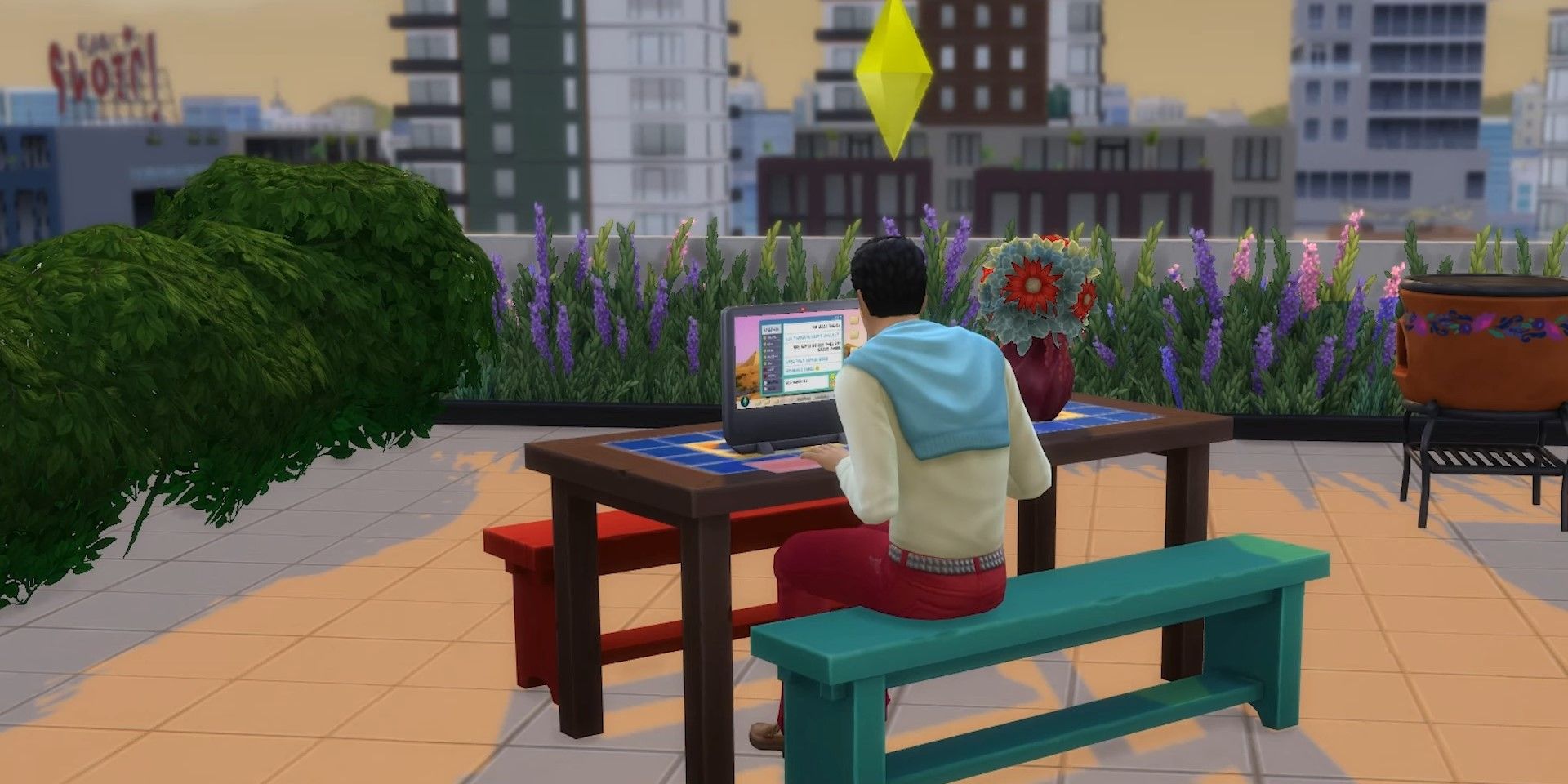 Um Sim usando o aplicativo de namoro no The Sims 4 Lovestruck.