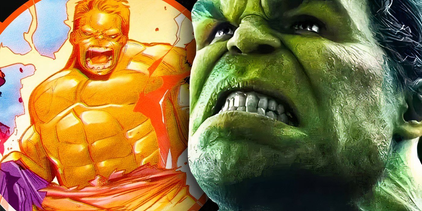 Hulk from the MCU, with Marvel's new Orange Hulk behind him.