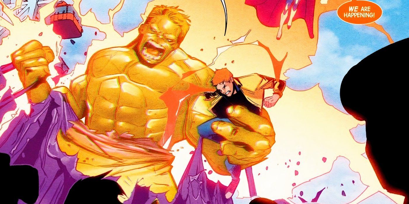 Orange Hulk captures an innocent person while fighting enemies.