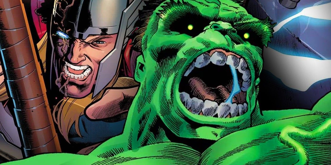 Hulk roars as Thor desperately reaches for Mjolnir