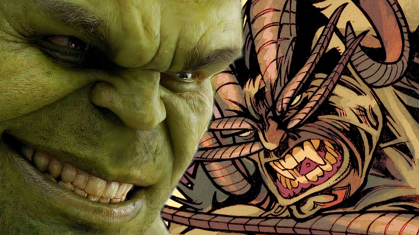 MCU&rsquo;s Hulk smiling with the Enkidu snarling behind him.