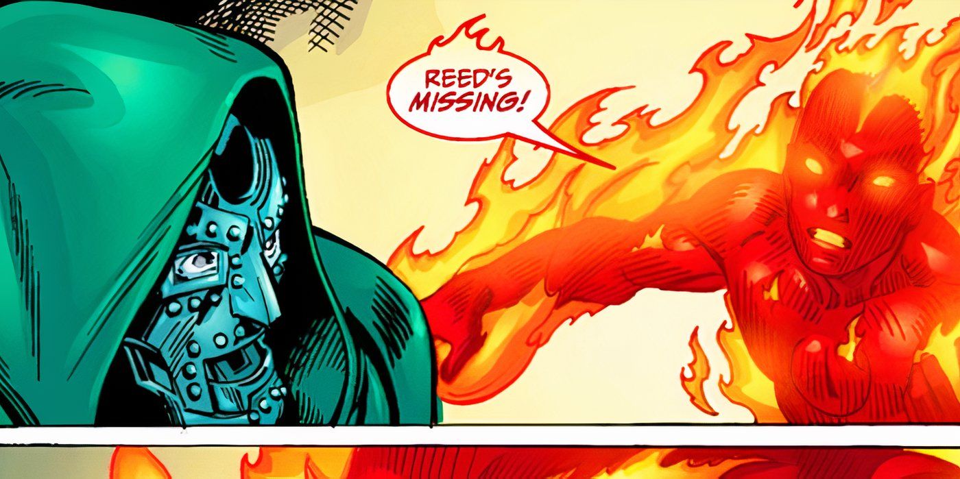 Human Torch telling Doctor Doom that Reed's missing in Marvel Comics