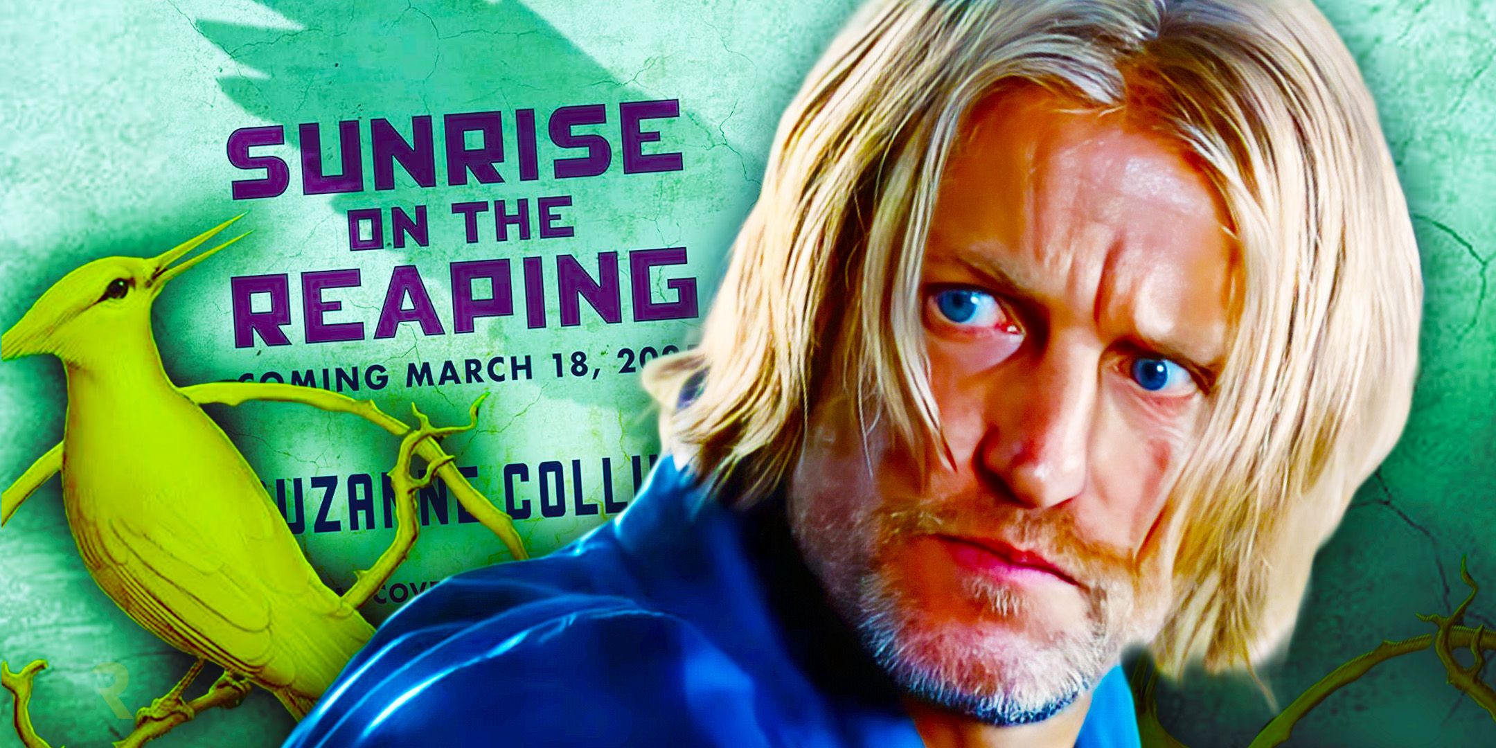 The logo for Sunrise on the Reaping against a green background and Woody Harrelson as Haymitch in The Hunger Games