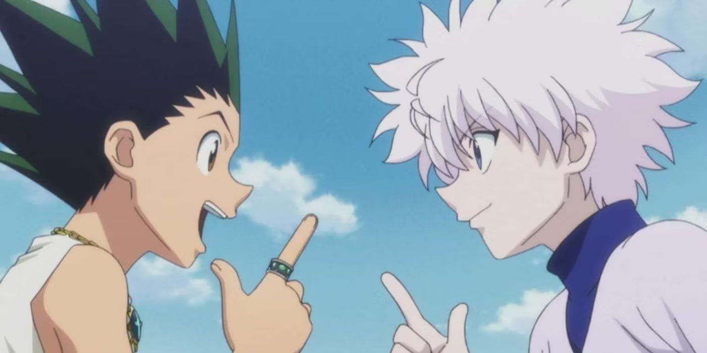 Hunter x Hunter's Gon e killua sorrindo um para o outro.