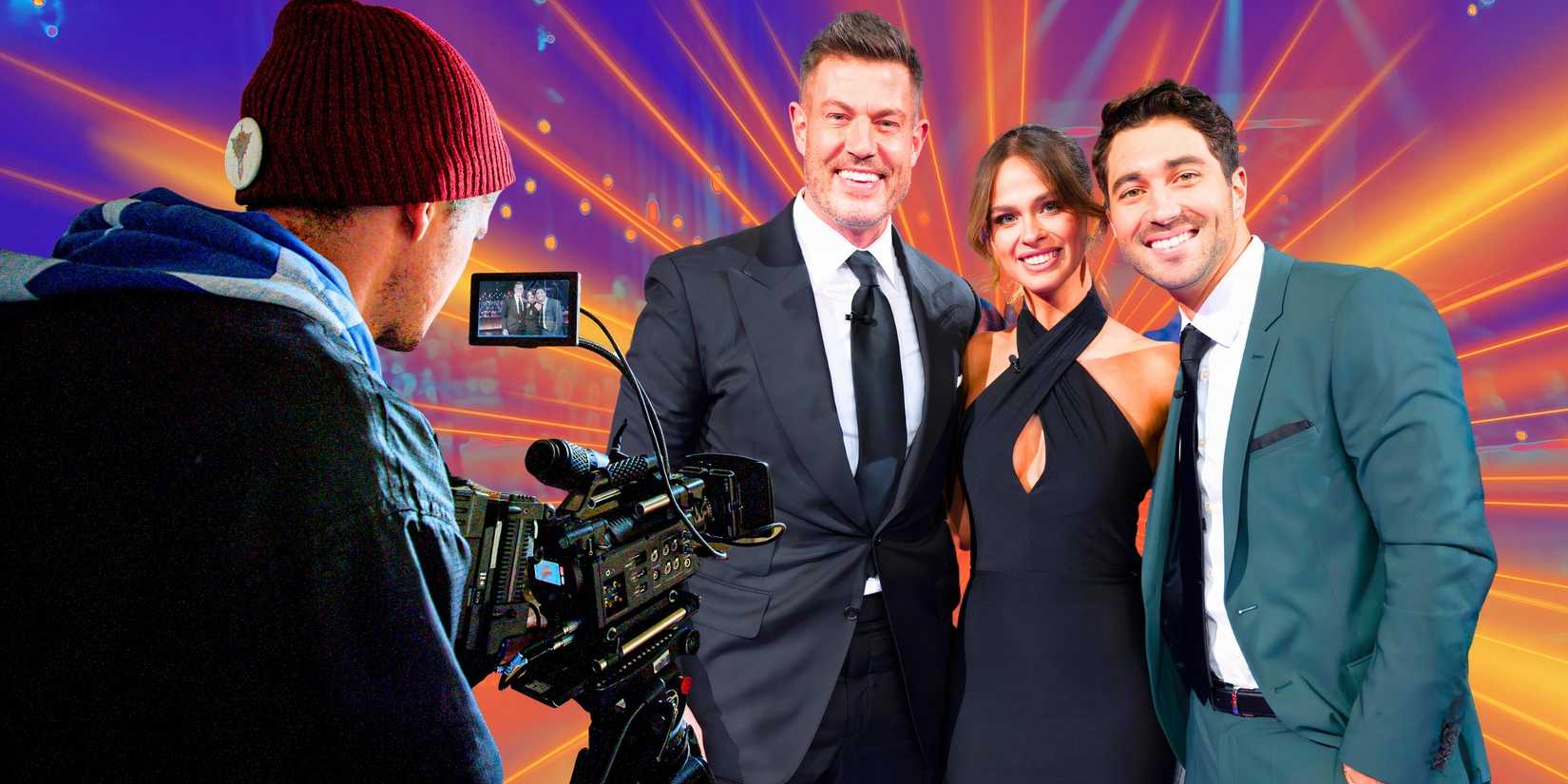 The Bachelor host Jesse Palmer with Joey Graziedei and another alum in front of a camera man