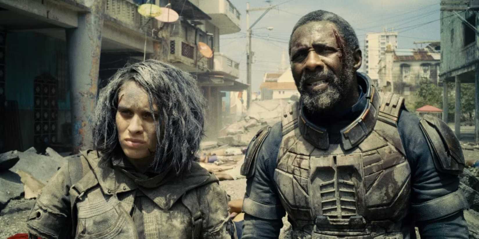 Idris Elba's Bloodsport and Daniela Melchior's Ratcatcher II in The Suicide Squad's final battle ending scene