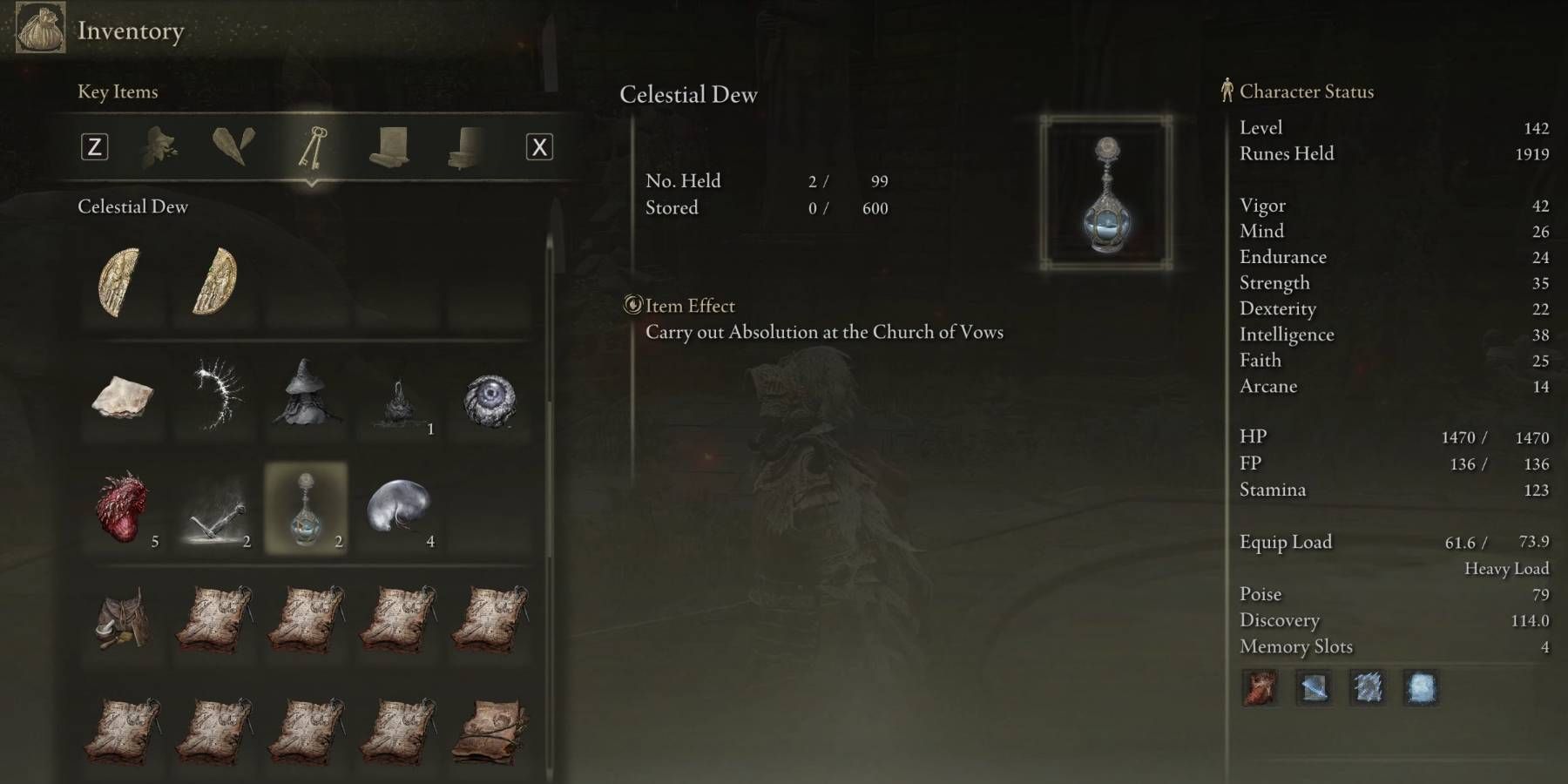 Elden Ring Celestial Dew item in Tarnished character's inventory with description