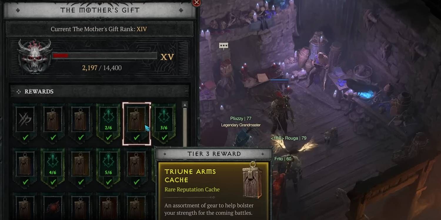 Diablo 4 Mother's Gift reward menu from Season 5 content with Tier 3 Triune Arms Cache highlighted