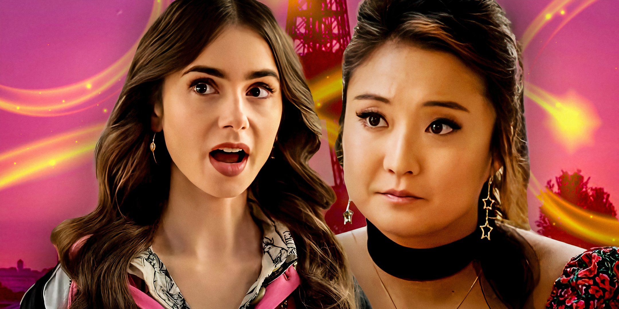 Collage of Emily (Lily Collins) looking surprised and Mindy (Ashley Park) looking sad in Emily in Paris