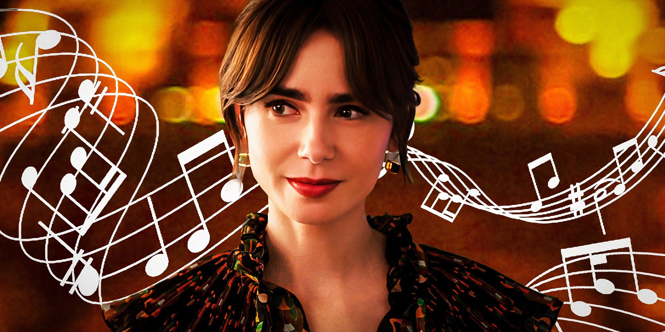 Lily Collins as Emily Cooper looking worried in Emily in Paris with musical iconography behind her