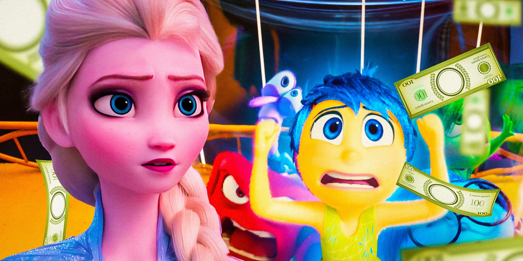 Elsa from Frozen watches as joy and other emotions from Inside Out 2 collide with the glass and the money flying past