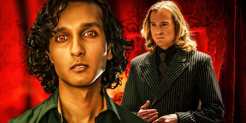 Cutouts of Armand and Lestat de Lioncourt from Interview With The Vampire against a red background.