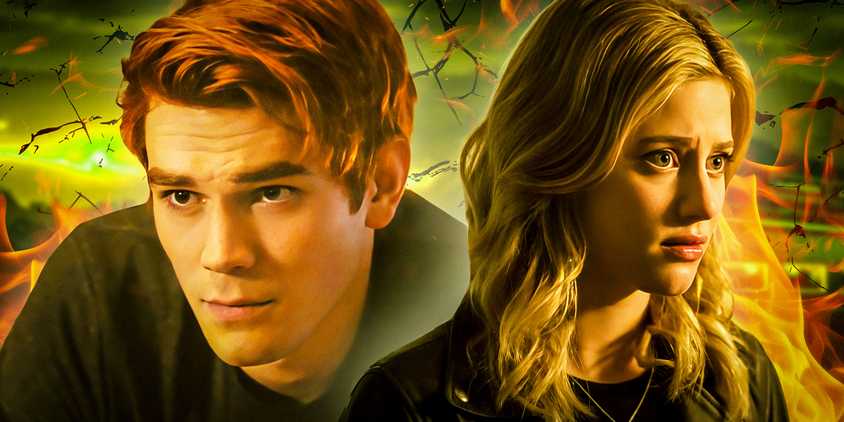 Cutouts of Archie Andrews (KJ Apa) & Betty Cooper (Lili Reinhart) against a fiery background.