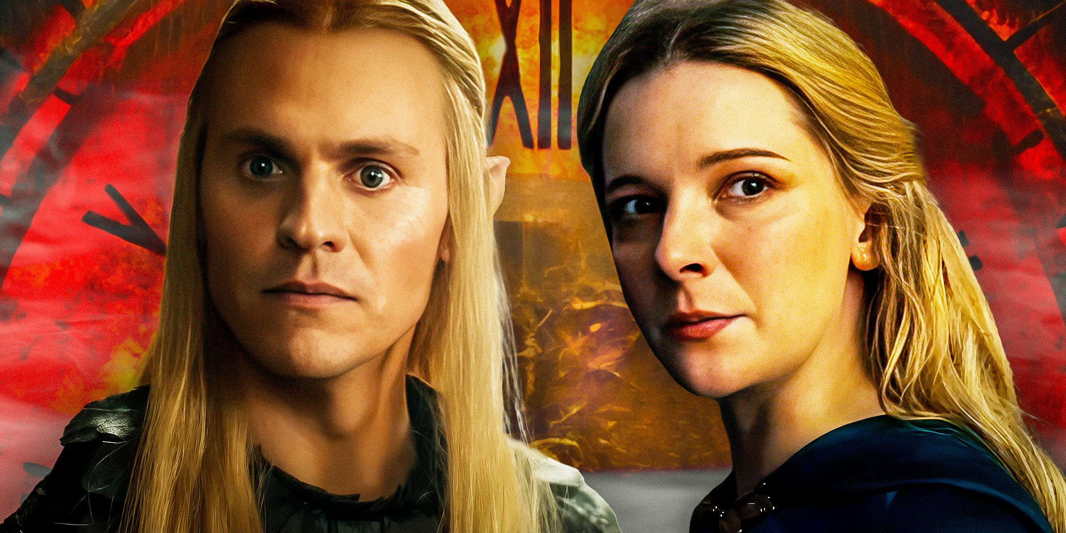 Charlie Vickers as Halbrand/Annatar and Morfydd Clark as Galadriel in The Rings of Power season 2