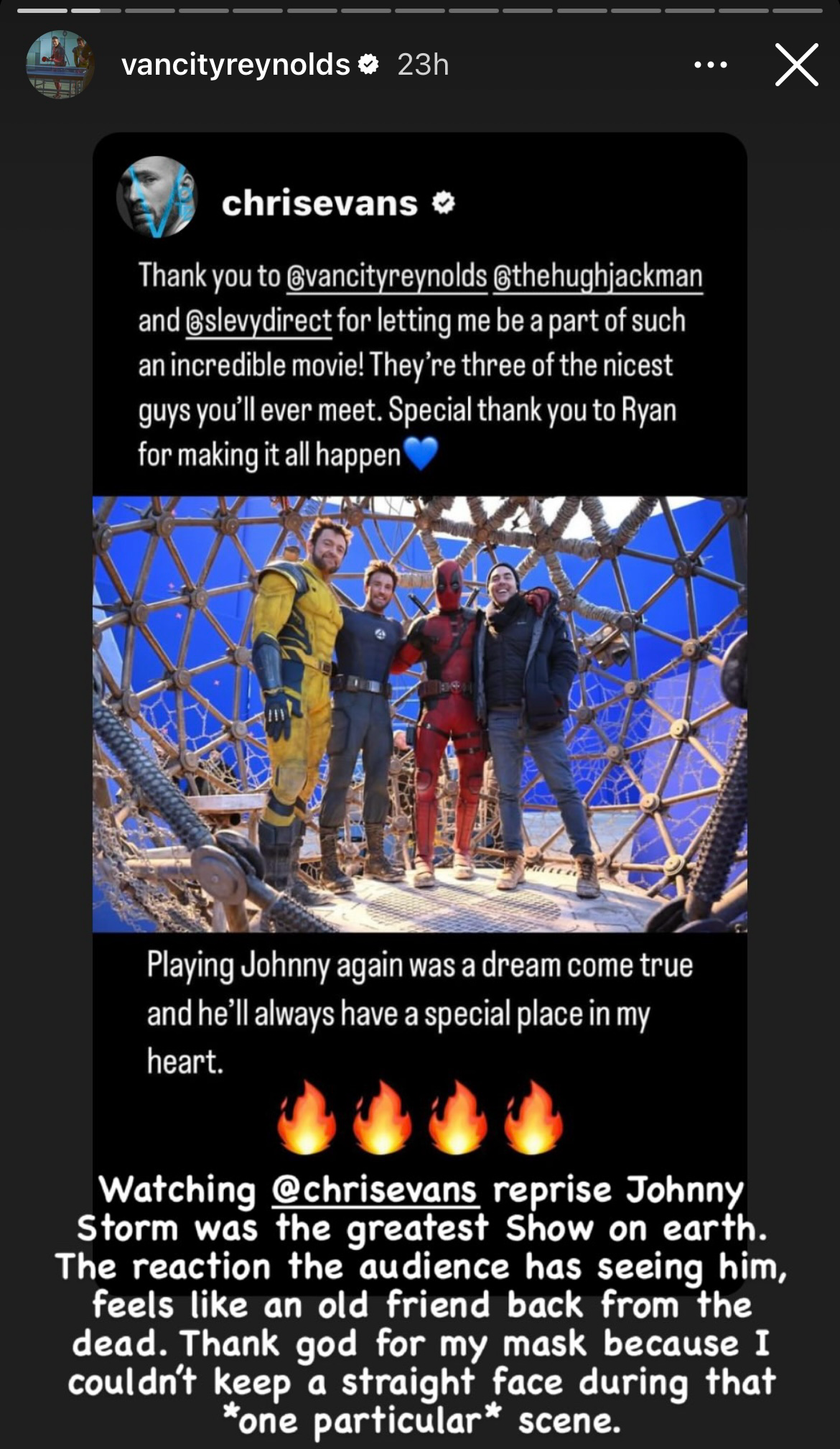 Ryan Reynolds comments on Chris Evans' Johnny Storm in Deadpool & Wolverine on Instagram