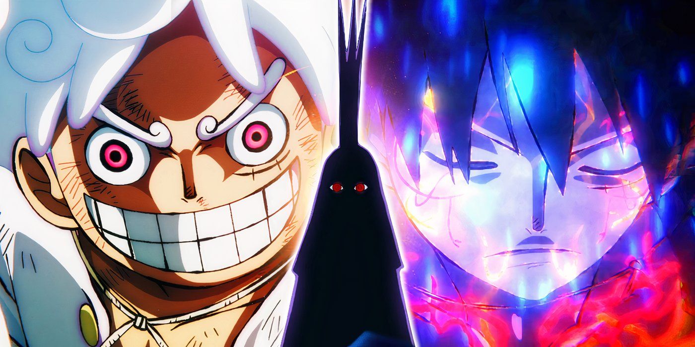 imu's silhouette from one piece in the cebnter with luffy smiling menacingly in gear 5 to left and luffy using ryou haki to the right