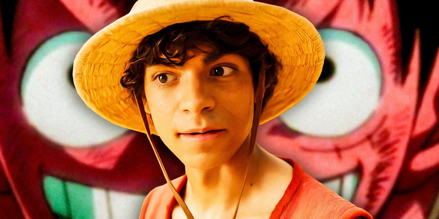 Iñaki Godoy as Monkey D. Luffy from One Piece wears a straw hat with an anime image in the background.