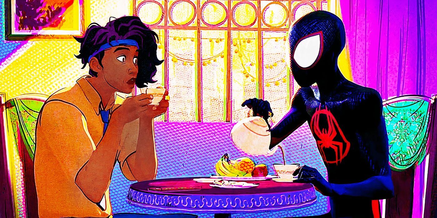 Indian Spider-Man having tea with Miles Morales in Spider-Man Across the Spider-Verse