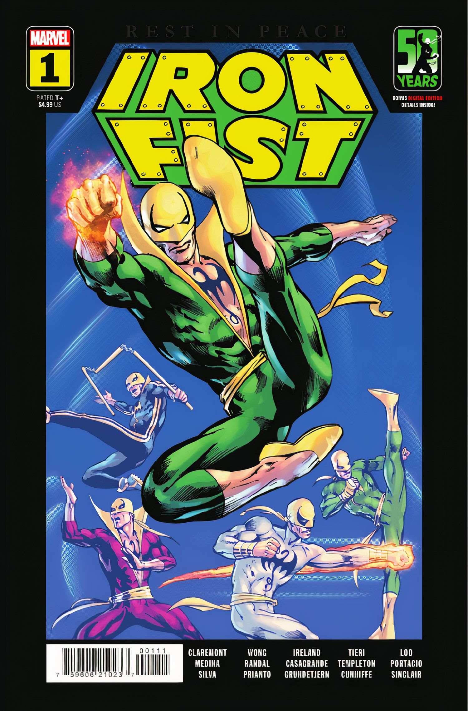 Una portada especial del 50 aniversario de Iron Fist #1 con múltiples disfraces de Iron Fist