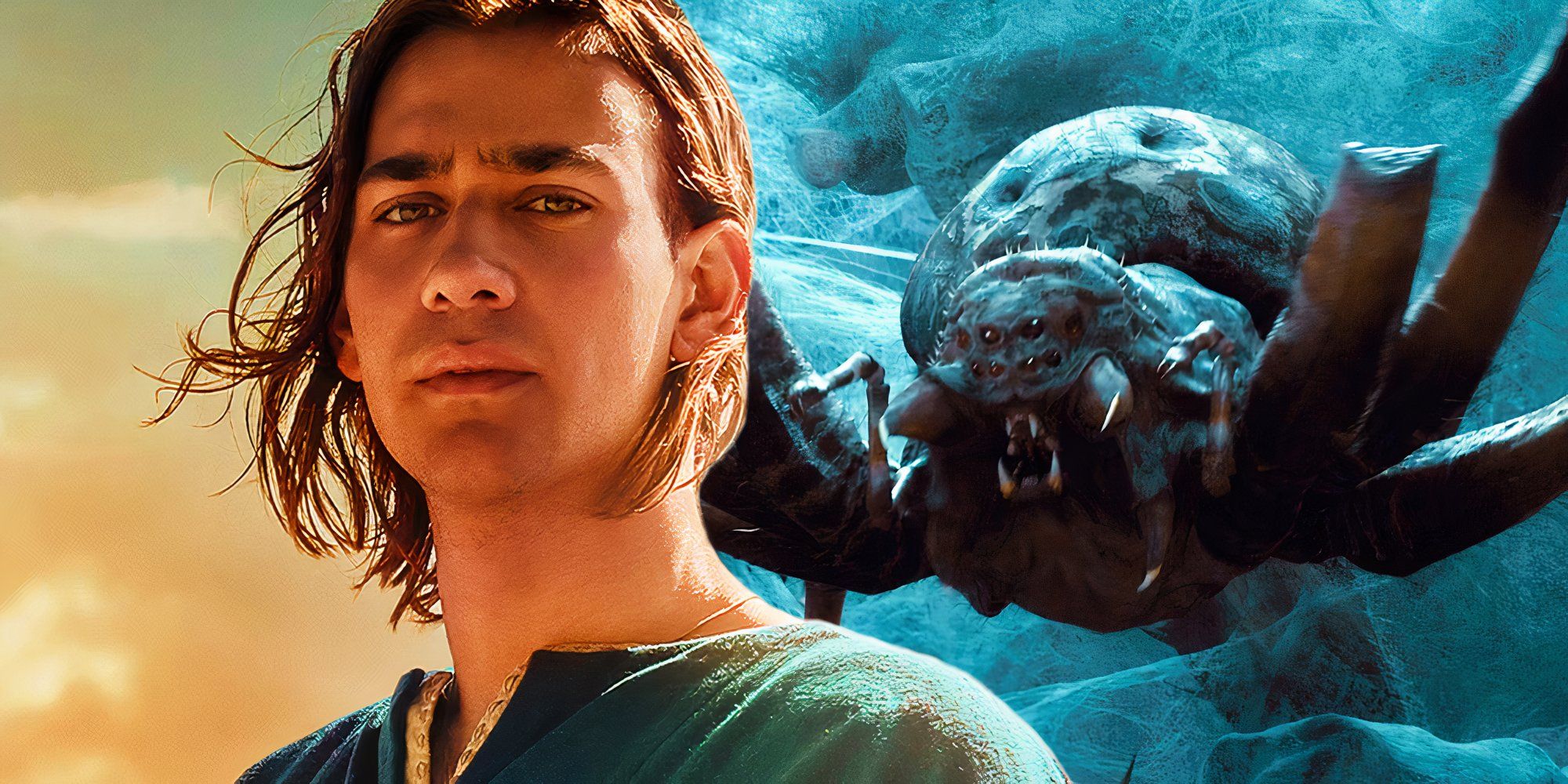 Maxim Baldry as Isildur in The Rings of Power (2022-) next to an image of a giant spider from The Hobbit: The Desolation of Smaug (2013)