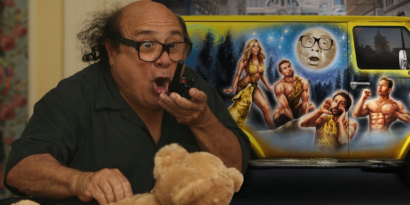 A composite image of Frank Reynolds screaming into a walkie talkie in front of a promo image of the cast airbrushed onto the side of a van from It's Always Sunny in Philadelphia