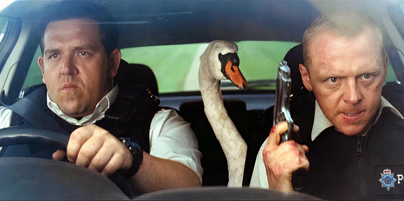 Danny and Angel traveling in their car with a swan in the backset in Hot Fuzz