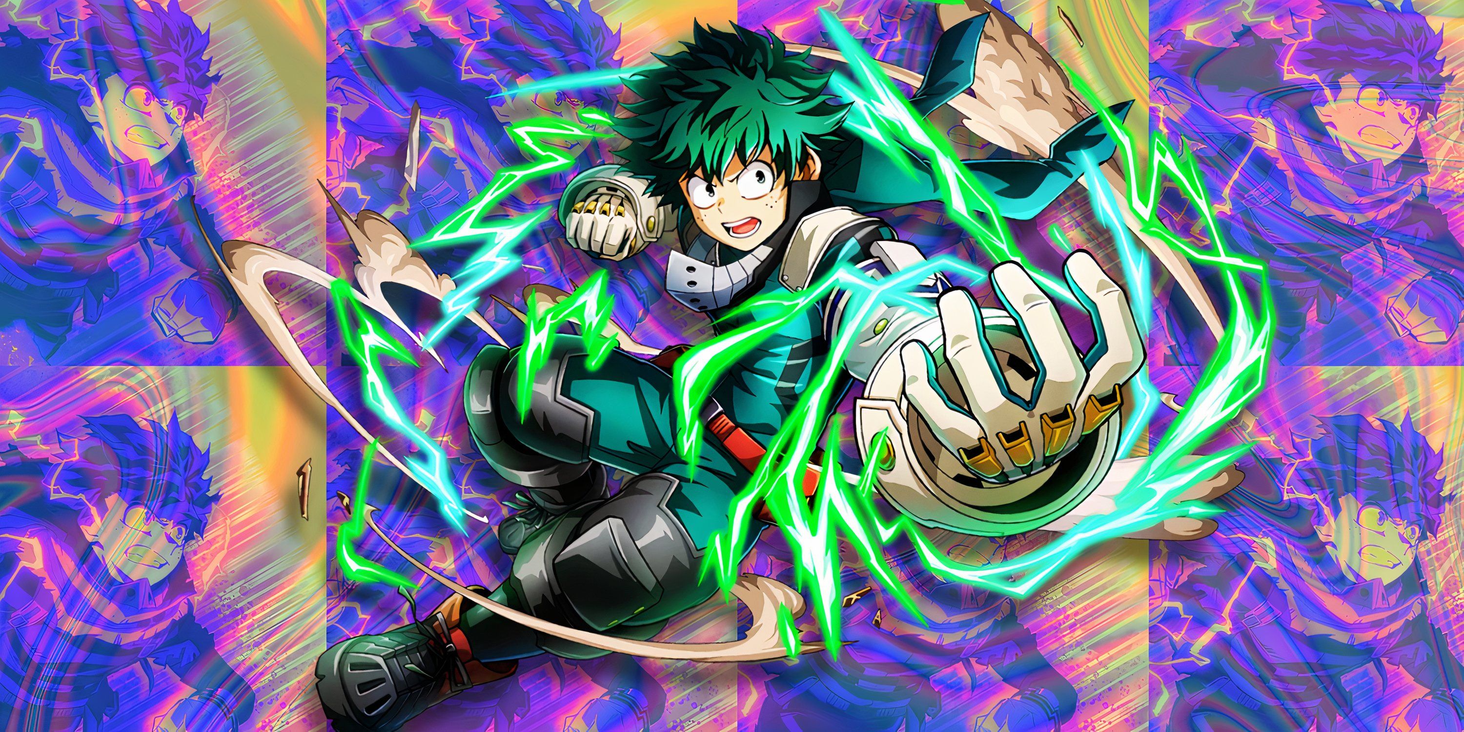 Izuku Midoriya charges up for an attack, surrounded in green pulsating electricity.