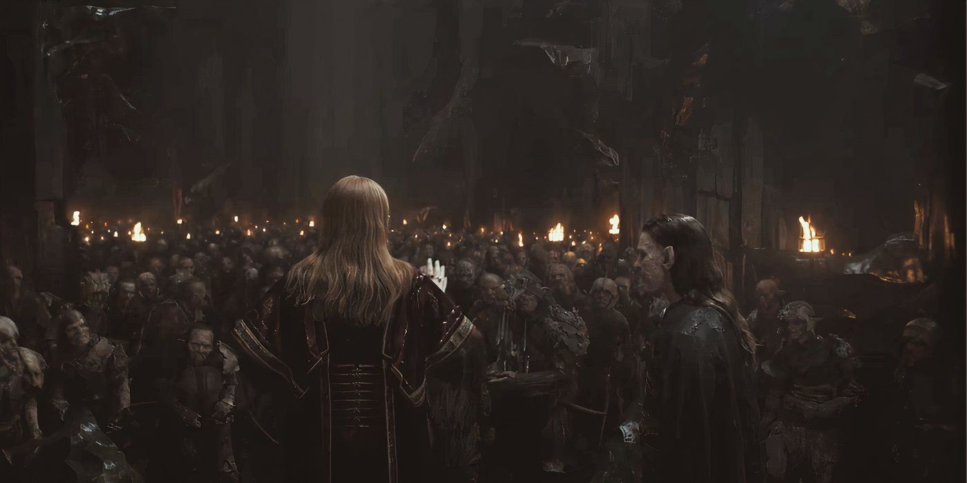 Jack Lowden as Sauron and Sam Hazeldine as Adar in The Lord of the Rings: The Rings of Power season 2 episode 1.