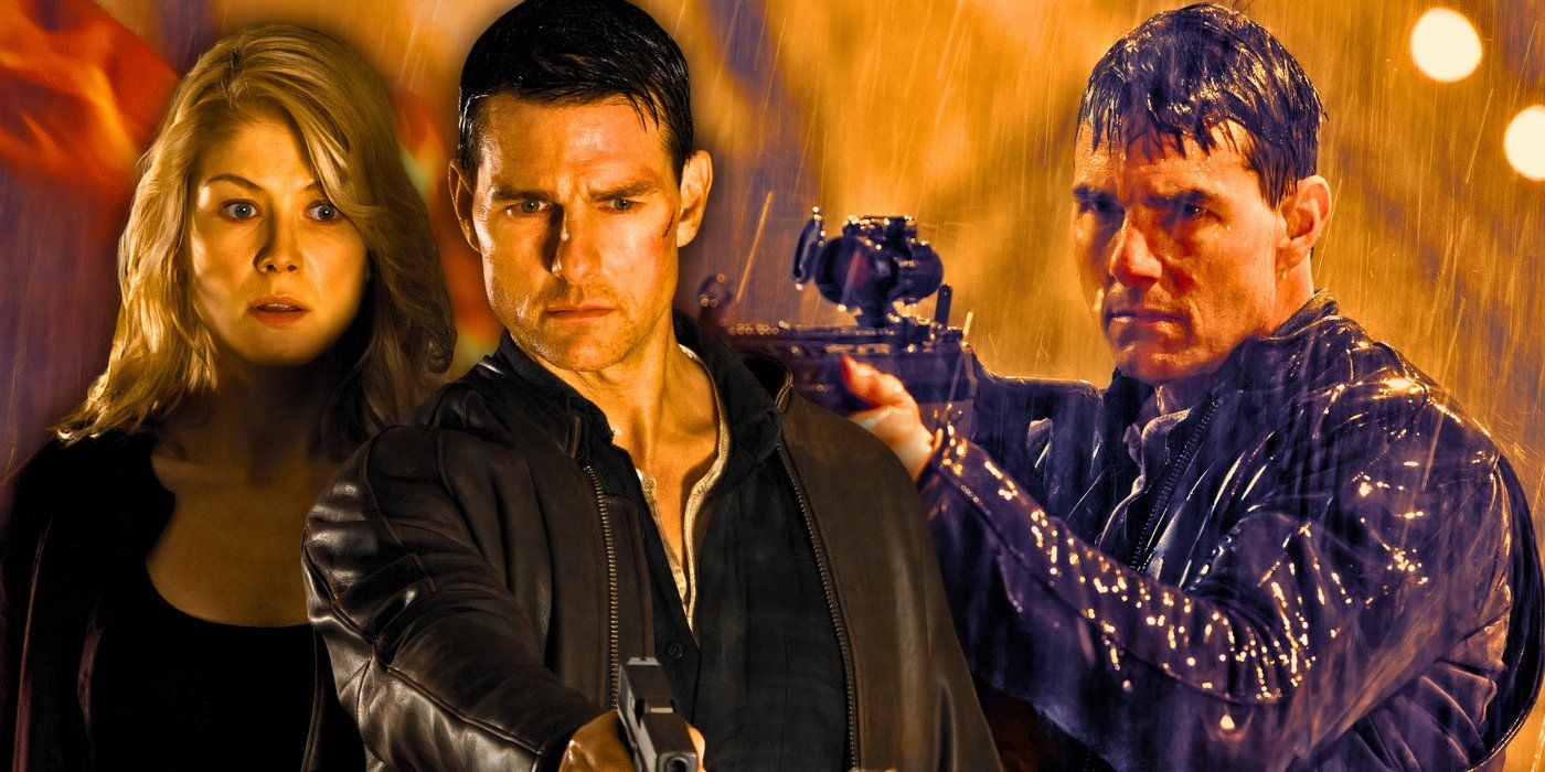 Tom Cruise in Jack Reacher with guns alongside Rosamund Pike